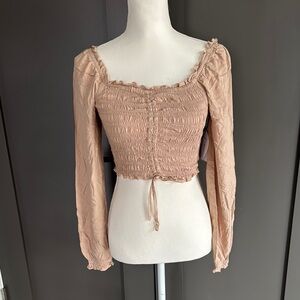 Japna Ruched Long Sleeve Crop Top - Tan Size XS